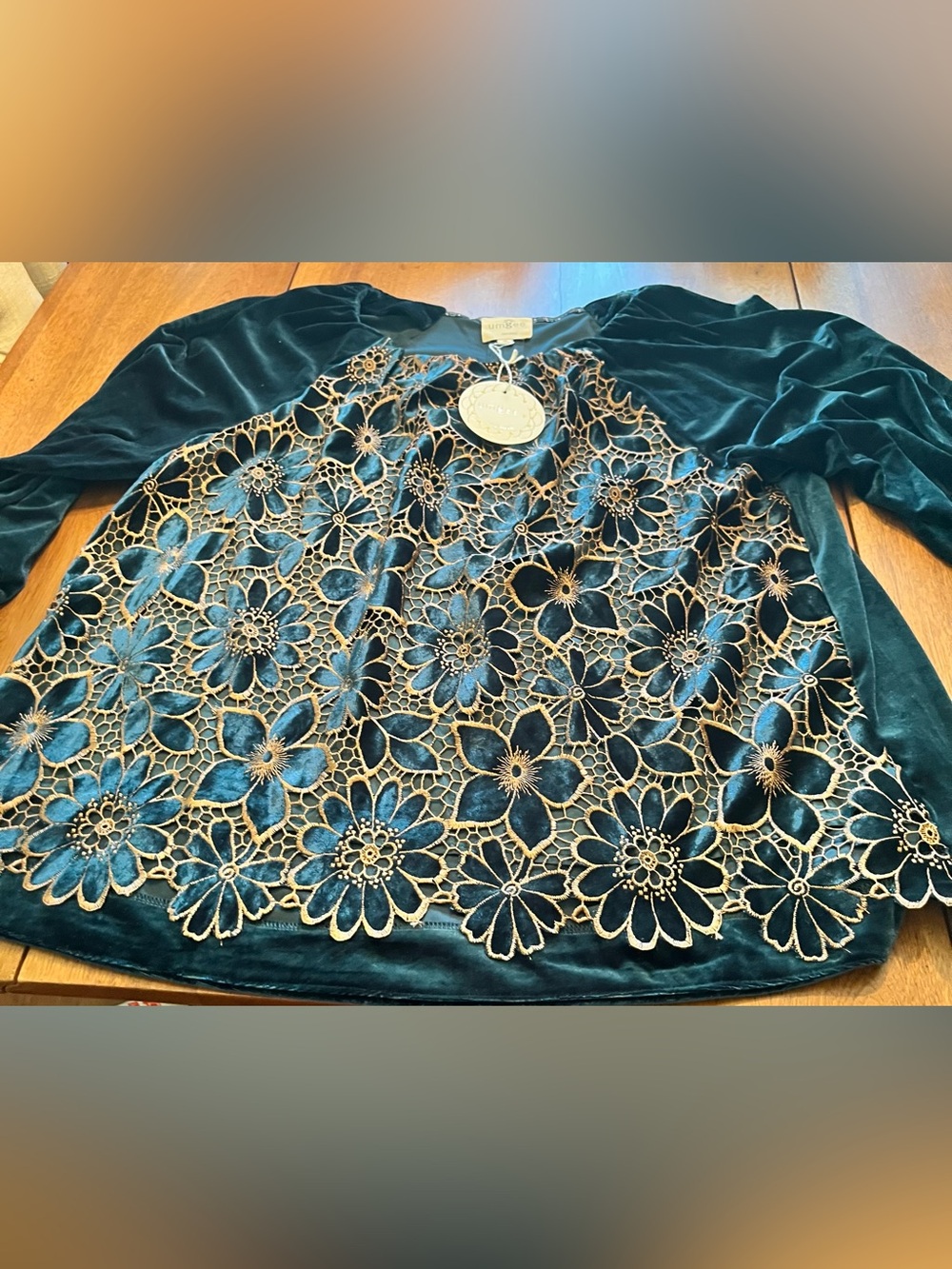 Umgee TealVelvet Top with Gold Floral Lace Overlay